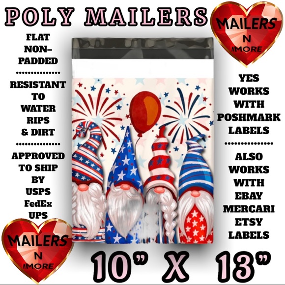 ( Quantity 25 10x13 ) Flag Fireworks Gnomes Poly Mailer Bags Shipping Envelopes - Picture 4 of 4